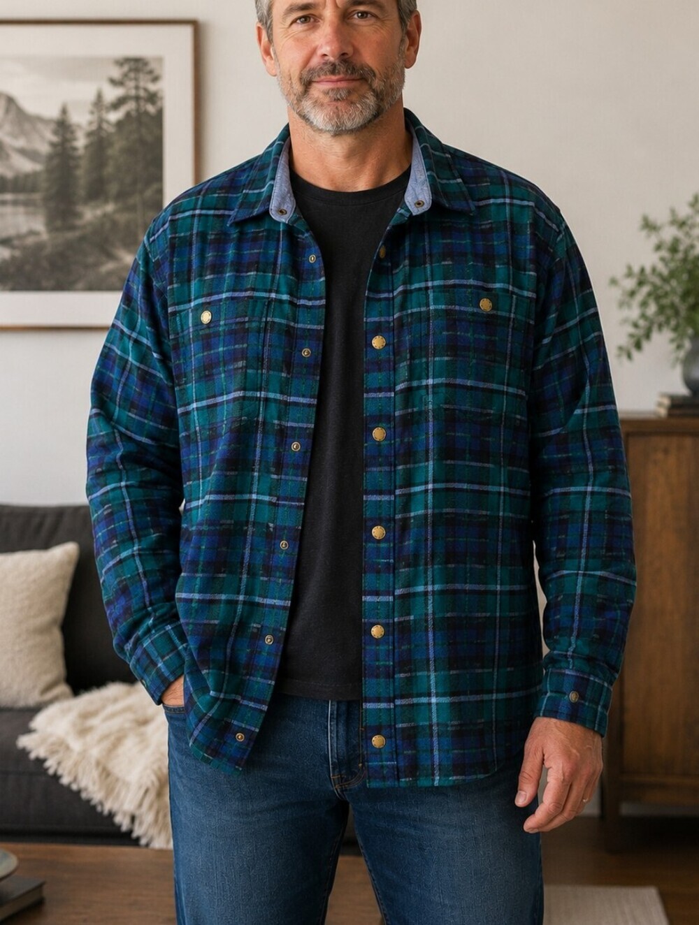 L.L.Bean Plaid Shacket Shirt Jacket Blackwatch Plaid Snap Front Pockets XXL Tall - Picture 2 of 10